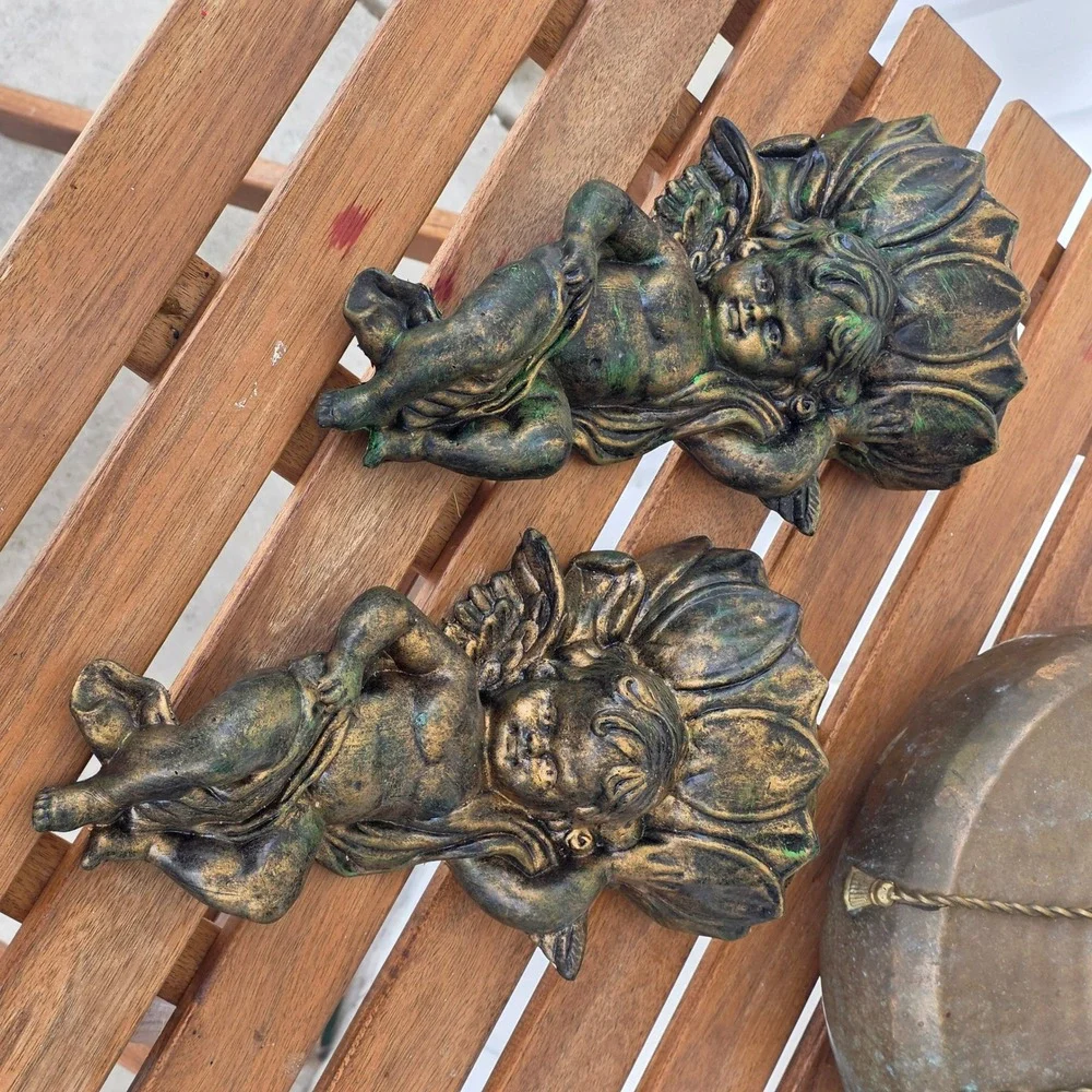Vtg Inarco Cherub Wall Pocket Set Gold Winged Angel Planter light weight patina